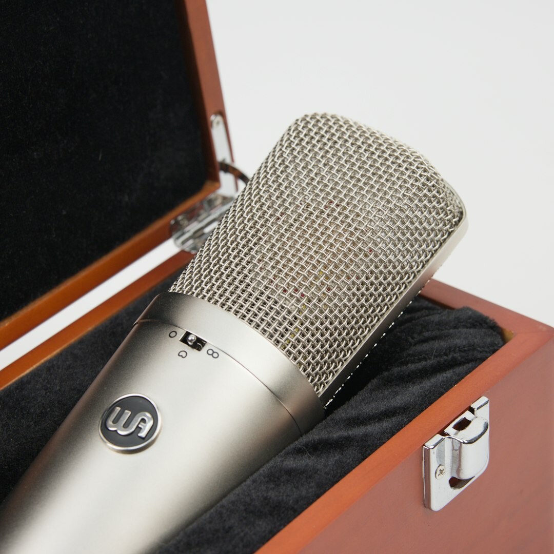 Close-up of professional condenser microphone in recording studio